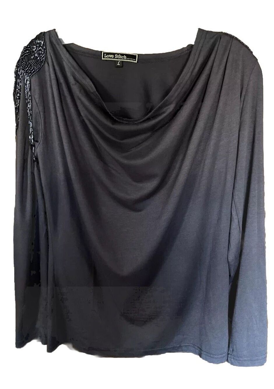 Love & Stitch Gray Draped Neck Women’s Blouse Size L Beaded Details